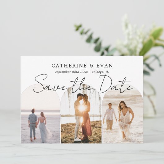 3 Foto Boog Save the Date Script Moderne Trouwdag (Staand voorkant)