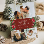 3 Foto Bourgogne Rood Elegant Vrolijk Kerstfeest Feestdagenkaart<br><div class="desc">Dit collectie is voorzien van waterverf rode bloemen,  bessen & wintergroen met een moderne en elegante typografie,  met een winterbotanische patroonrug.</div>