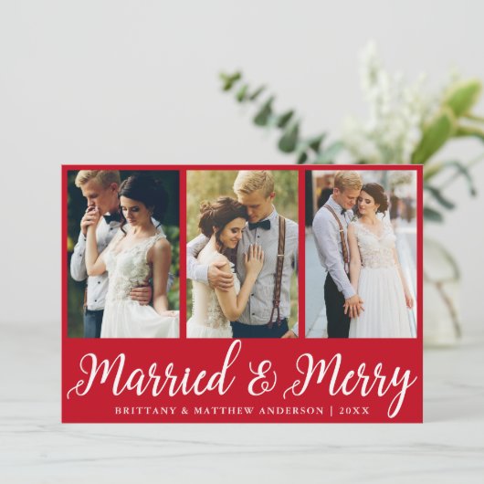 3 Foto bruiloft gehuwd en Merry Red Feestdagenkaart (Staand voorkant)