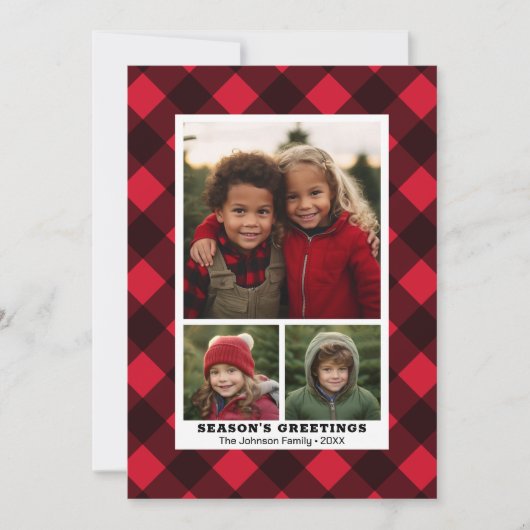 3 Foto Buffalo plaid rustiek rood zwart Instant Feestdagenkaart (Voorkant)