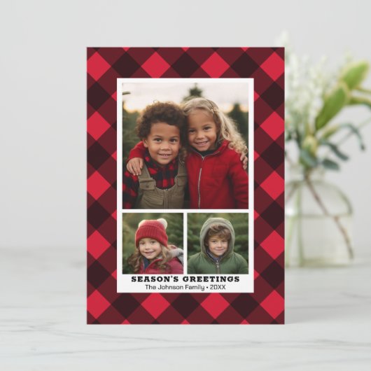 3 Foto Buffalo plaid rustiek rood zwart Instant Feestdagenkaart (Staand voorkant)