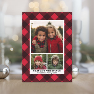 3 Foto Buffalo plaid rustiek rood zwart Instant Feestdagenkaart