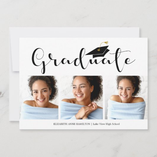 3 Foto Calligrafie Middelbare School Afstuderen Aankondiging (Voorkant)