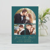 3-foto Collage Arch Blauwgroen Blauw Goud QR Code Save The Date (Staand voorkant)