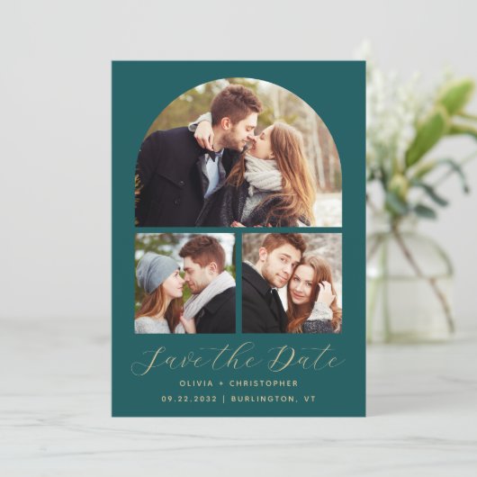 3-foto Collage Arch Blauwgroen Blauw Goud QR Code Save The Date (Staand voorkant)