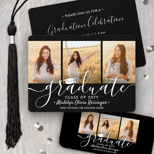 3 Foto Collage Black en White Graduparty Kaart