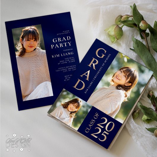 3 Foto Collage Blauw & Beige Afstudeerfeest Kaart