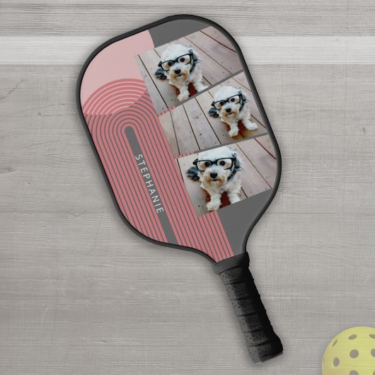 3 Foto Collage - boho coral line art arch - naam Pickleball Paddle