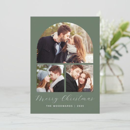 3-Foto Collage Boog Groen Vrolijk Kerstfeest Save The Date (Staand voorkant)