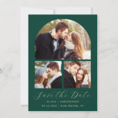 3-Foto Collage Boog Smaragdgroen Goud QR Code Save The Date (Voorkant)