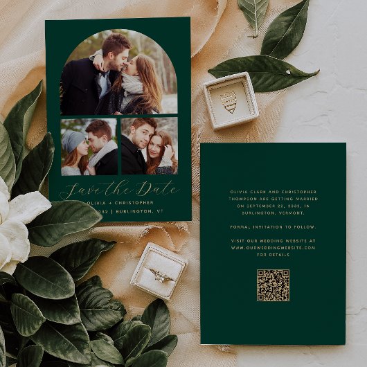 3-Foto Collage Boog Smaragdgroen Goud QR Code Save The Date