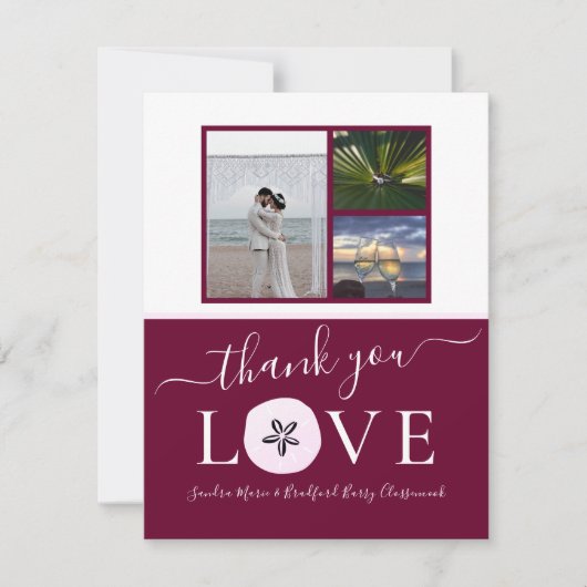 3 Foto Collage Burgundy Pink Sand dollar Weddensch Bedankkaart (Voorkant)