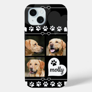 3 Foto Collage Dog Name Black and White Heart iPhone 15 Case