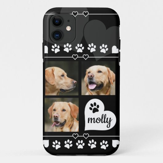 3 Foto Collage Dog Name Black and White Heart Case-Mate iPhone Case (Achterkant)
