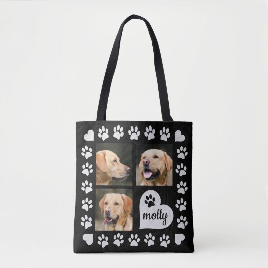 3 Foto Collage Dog Name Black Heart Tote Bag (Voorkant)