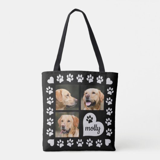 3 Foto Collage Dog Name Black Heart Tote Bag (Achterkant)