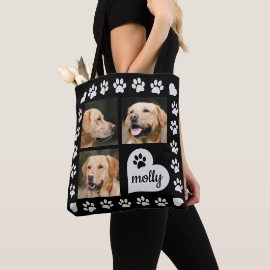 3 Foto Collage Dog Name Black Heart Tote Bag (Dichtbij)