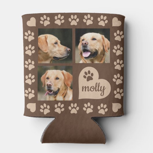 3 Foto Collage Dog Name Brown Heart Blikjeskoeler (Achterkant)