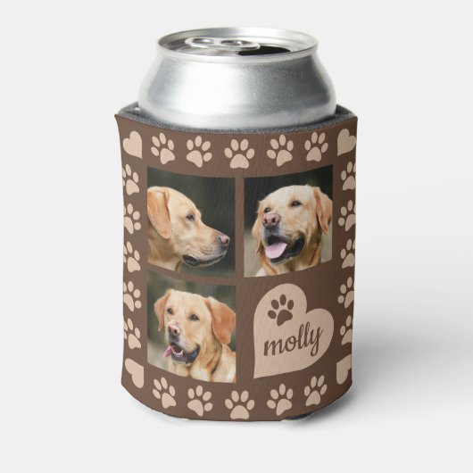 3 Foto Collage Dog Name Brown Heart Blikjeskoeler (Blikje Achterkant)