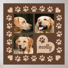 3 Foto Collage Dog Name Brown Heart Poster