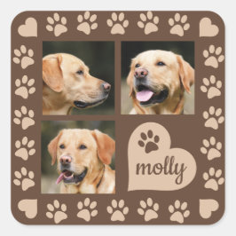 3 Foto Collage Dog Name Brown Heart Vierkante Sticker