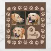 3 Foto Collage Dog Name Brown Heart Wijn Etiket (Enkel label)