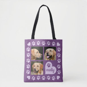 3 Foto Collage Dog Name Paars Heart Tote Bag