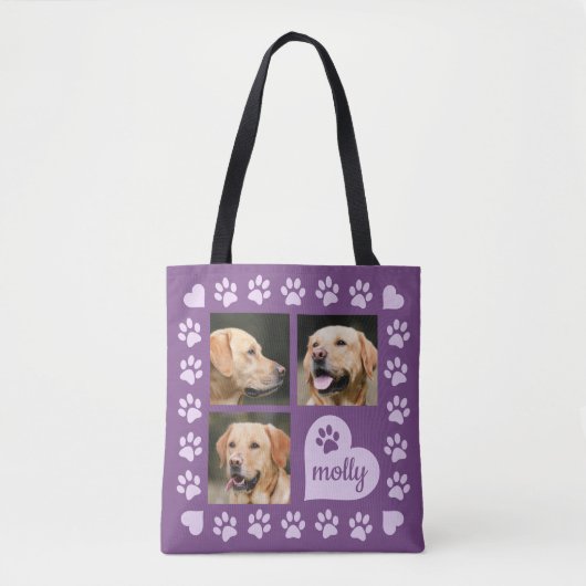 3 Foto Collage Dog Name Paars Heart Tote Bag (Voorkant)
