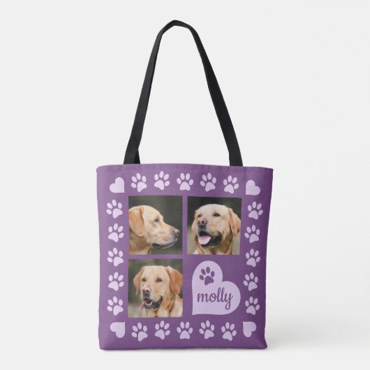 3 Foto Collage Dog Name Paars Heart Tote Bag (Achterkant)