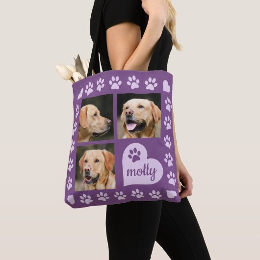 3 Foto Collage Dog Name Paars Heart Tote Bag (Dichtbij)