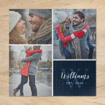 3 Foto Collage en aangepast monogram | marine Legpuzzel<br><div class="desc">Creëer een speciaal gepersonaliseerd cadeau met foto's van je bruiloft, reis, kleinkinderen, huisdieren of andere leuke herinneringen die op een puzzel zijn afgedrukt. Dit ontwerp is voorzien van een fotocollage sjabloon met 3 afbeeldingen en uw monogram naam, initiaal en vastgestelde datum. Gebruik de ontwerphulpmiddelen om de tekst uit te geven,...</div>