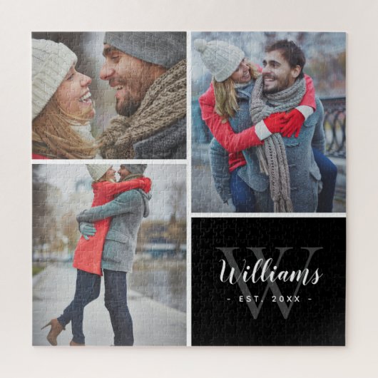 3 Foto Collage en aangepast monogram | Zwart Legpuzzel (Verticaal)