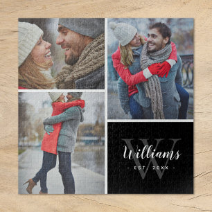 3 Foto Collage en aangepast monogram Zwart Legpuzzel