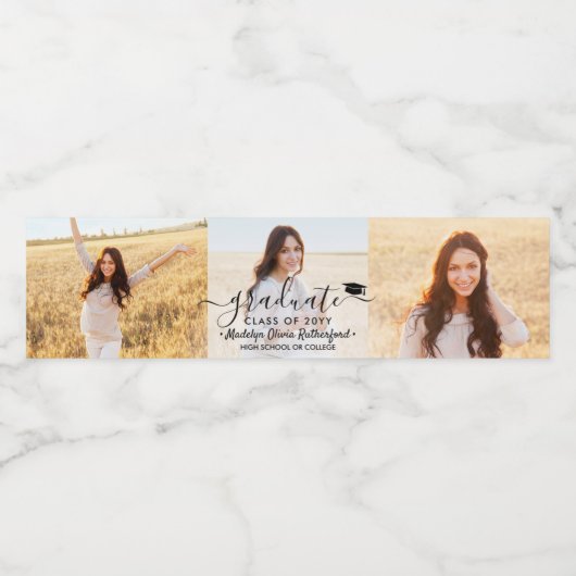 3 Foto Collage en Black Script Graduparty Waterfles Etiket (Enkel label)