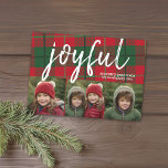 3 Foto collage - Gegroet van Joyful Season Feestdagenkaart<br><div class="desc">Een grillig ontwerp met een 3 fotocollage aan de voorkant en een geruit patroon. De groet is een groot feestelijk lettertype dat modern en rustiek is. Pas dit aan met 3 foto's en familienaam. Het achterontwerp is voorzien van een kerst plaid patroon in vrolijk rood en groen voor een klassieke...</div>