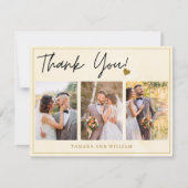 3 foto Collage gouden Waterverf bloemenbruiloft Bedankkaart (Voorkant)