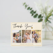 3 foto Collage gouden Waterverf bloemenbruiloft Bedankkaart (Staand voorkant)