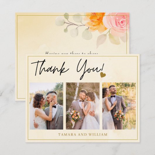 3 foto Collage gouden Waterverf bloemenbruiloft Bedankkaart (Voorkant / Achterkant)
