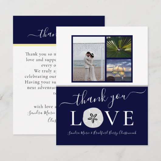 3 Foto Collage Gray Sand dollar Navy Blue Weddensc Bedankkaart (Voorkant / Achterkant)