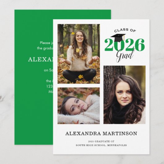 3 Foto Collage Green Graduparty Invitation Kaart (Voorkant / Achterkant)