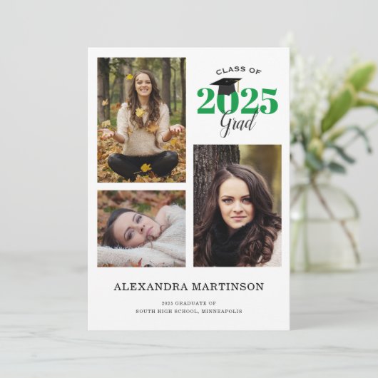 3 Foto Collage Green Graduparty Invitation Kaart (Staand voorkant)
