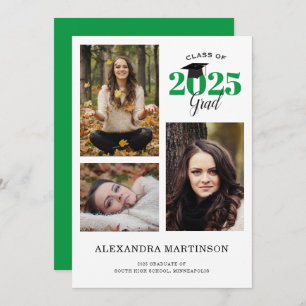 3 Foto Collage Green Graduparty Invitation Kaart