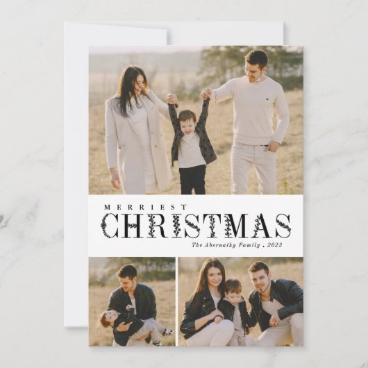 3 Foto Collage Greenery Letters KerstBlack Feestdagenkaart (Voorkant)