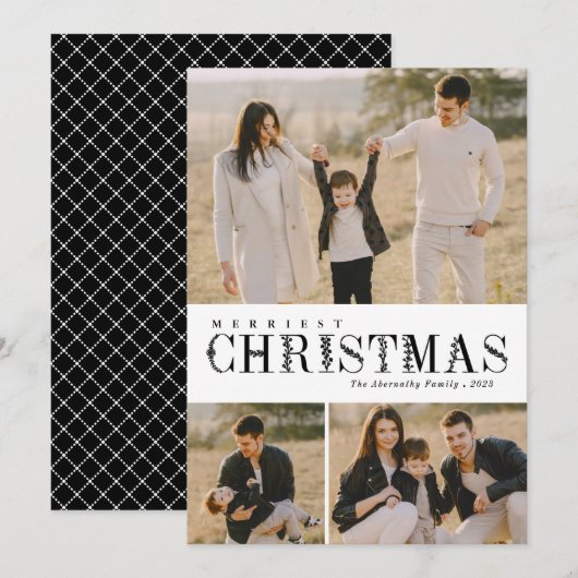 3 Foto Collage Greenery Letters KerstBlack Feestdagenkaart (Voorkant / Achterkant)