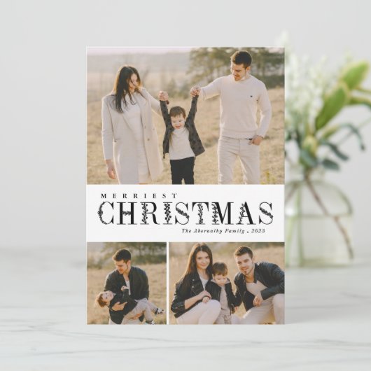 3 Foto Collage Greenery Letters KerstBlack Feestdagenkaart (Staand voorkant)