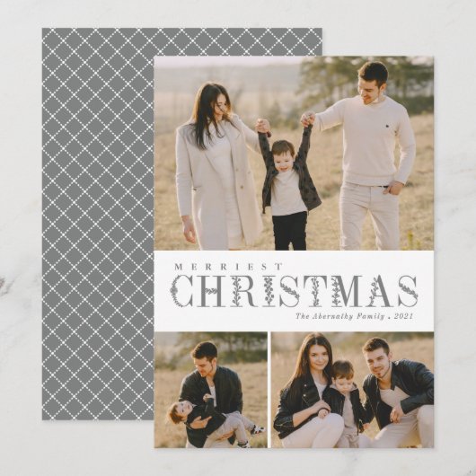 3 Foto Collage Greenery Letters Kerstgrijs Feestdagenkaart (Voorkant / Achterkant)