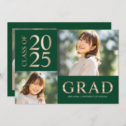 3 Foto Collage Groen & Beige Afstudeerfeest Kaart (Voorkant / Achterkant)