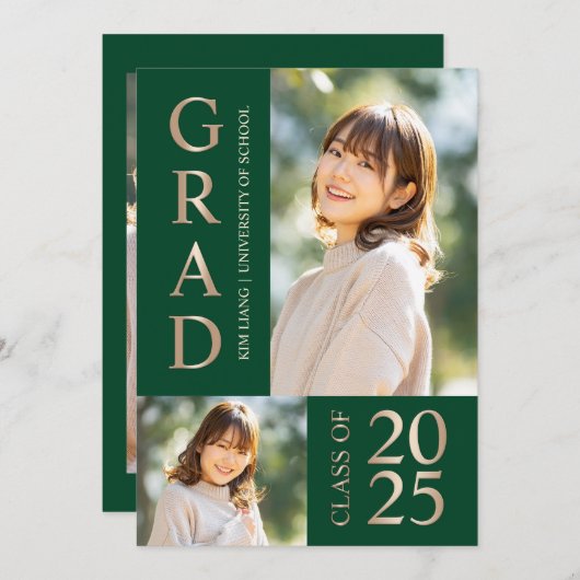 3 Foto Collage Groen & Beige Afstudeerfeest Kaart (Voorkant / Achterkant)