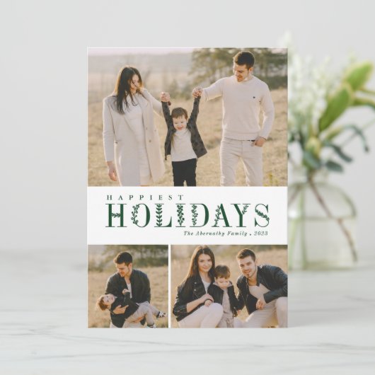 3 Foto Collage Groene Letters Gelukkig Groen Feestdagenkaart (Staand voorkant)