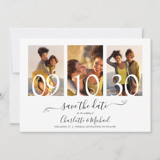 3 foto collage handtekening script trouwkaart save the date (Voorkant)